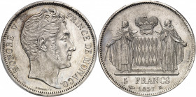 Honoré V (1819-1841). 5 francs 1837, M, Monaco.
PCGS Genuine Scratch-AU Detail (43192290).
Av. HONORÉ V PRINCE DE MONACO. Tête nue à droite, au-dess...