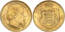 Charles III (1853-1889). 100 (Cent) francs 1884, A, Paris.
PCGS MS63 (44031031).
Av. CHARLES III PRINCE DE MONACO. Tête nue à droite, au-dessous sig...