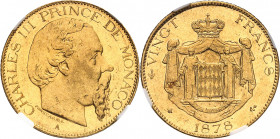 Charles III (1853-1889). 20 (vingt) francs 1878, A, Paris.
NGC MS 60 (5784009-033).
Av. CHARLES III PRINCE DE MONACO. Tête nue à droite, au-dessous ...