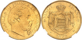 Charles III (1853-1889). 20 (vingt) francs 1879, A, Paris.
NGC MS 62 (5784009-034).
Av. CHARLES III PRINCE DE MONACO. Tête nue à droite, au-dessous ...