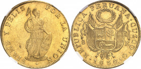 République du Pérou (depuis 1821). 8 escudos 1830 G, Cuzco.
NGC MS 62 (5783257-035).
Av. PRO LA UNION FIRME Y FELIZ. La Liberté à droite, tenant une...