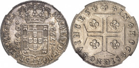 Marie Ière (1786-1799). 400 réis (480 réis ou cruzado novo) 1792, Lisbonne.
NGC MS 62 (5954755-004).
Av. MARIA. I. D. G. PORT. ET. ALG. REGINA. Écu ...
