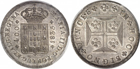 Marie II (1834-1853). 400 réis 1835, Lisbonne.
PCGS MS65 (84023651).
Av. MARIA. II. D. G. PORTUG. ET. ALG. REGINA. Écu couronné et accosté de *400* ...