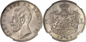 Charles Ier de Roumanie (1866-1914). 5 lei 1883, B, Bucarest.
NGC MS 65+ (5971802-009).
Av. CAROL I REGE AL ROMANIEI. Tête nue à gauche, au-dessous ...