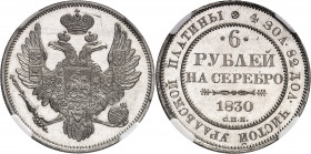 Nicolas Ier (1825-1855). 6 roubles en platine, aspect Flan bruni (PROOFLIKE) 1830, СПБ, Saint-Pétersbourg.
NGC MS 64 DPL (6142214-001).
Av. Aigle im...