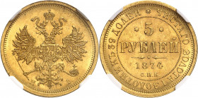 Alexandre II (1855-1881). 5 roubles 1874 HI, СПБ, Saint-Pétersbourg.
NGC MS 63 (6143412-018).
Av. Aigle bicéphale éployée et couronnée. 
Rv. Légend...