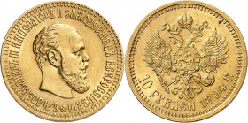Alexandre III (1881-1894). 10 roubles 1894 АГ, Saint-Pétersbourg.
NGC AU 58 (5788038-021).
Av. Légende en cyrillique. Tête nue à droite. 
Rv. Aigle...