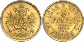Alexandre III (1881-1894). 3 roubles 1884 АГ, СПБ, Saint-Pétersbourg.
PCGS MS63 (42242771).
Av. Aigle bicéphale éployée et couronnée, au-dessous (di...