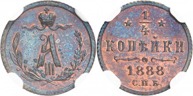 Alexandre III (1881-1894). 1/4 de kopeck, Flan bruni (PROOF) 1888, СПБ, Saint-Pétersbourg.
NGC PF 63 RB (3933336-015).
Av. Dans une couronne formée ...