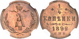 Alexandre III (1881-1894). 1/4 de kopeck, Flan bruni (PROOF) 1892, СПБ, Saint-Pétersbourg.
NGC PF 65 RB (3998409-004).
Av. Dans une couronne formée ...