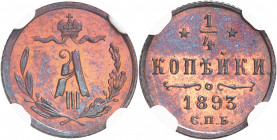 Alexandre III (1881-1894). 1/4 de kopeck, Flan bruni (PROOF) 1893, СПБ, Saint-Pétersbourg.
NGC PF 66 RB (3933337-004).
Av. Dans une couronne formée ...