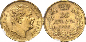 Milan Ier (1882-1889). 20 dinara, 1er type avec légende en relief DIEU PROTEGE SERBIE 1882, V, Vienne.
NGC MS 62 (5982288-016).
Av. Légende en cyril...