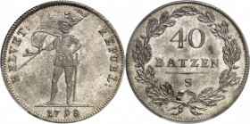 République helvétique (1798-1803). 40 batzen (4 francs ou thaler nouveau) 1798, S, Solothurn.
PCGS MS63 (40849631).
Av. HELVET: REPUBL:. Soldat debo...