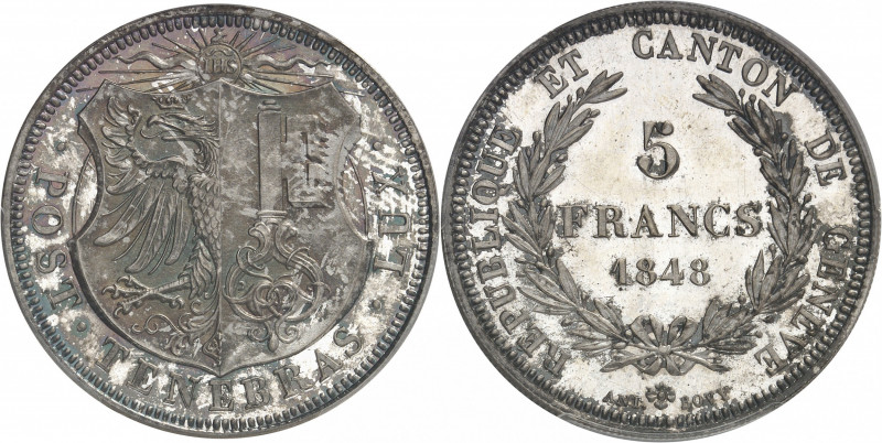 Genève (canton de). 5 francs, aspect Flan bruni (PROOFLIKE) 1848, Genève.
PCGS ...