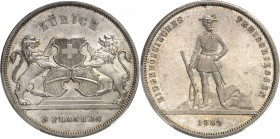 Zurich (canton de). Module de 5 francs commémoratif, concours de tir de Zürich 1859.
PCGS MS65 (33398292).
Av. ZÜRICH 5 FRANKEN. Sur un entablement,...