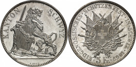 Schwyz (canton de). Module de 5 francs commémoratif, concours de tir de Schwyz 1867.
PCGS MS65 (33398293).
Av. KANTON - SCHWYZ. Lion issant appuyé s...
