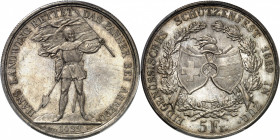 Zoug (canton de). Module de 5 francs commémoratif, concours de tir de Zoug 1869.
PCGS MS64 (33398294).
Av. HANS LANDWING RETTET DAS PANNER BEI ARBED...