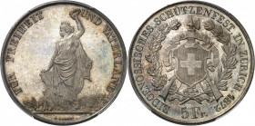 Zurich (canton de). Module de 5 francs commémoratif, concours de tir de Zürich 1872.
PCGS MS64 (33398296).
Av. FÜR FREIHEIT UND VATERLAND. La ville ...