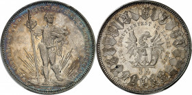 Bâle (canton de). Module de 5 francs commémoratif, concours de tir de Bâle 1879.
PCGS MS65 (33398298).
Av. DAS SCHWERT ZUR HAND IM HERZEN GOTT. SO W...