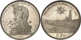 Fribourg (canton de). Module de 5 francs commémoratif, concours de tir de Fribourg 1881.
PCGS MS63 (33398301).
Av. ENTRÉE DE FRIBOURG & SOLEURE DANS...