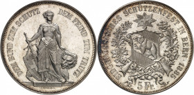 Berne (canton de). Module de 5 francs commémoratif, concours de tir de Berne 1885.
PCGS MS65 (11522215).
Av. DEM BUND ZUM SCHUTZ - DEM FEIND ZUM TRU...