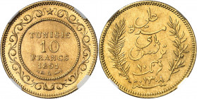 Ali, Bey (1882-1902). 10 francs Or 1891 - AH 1308, A, Paris.
NGC MS 66+ (6143412-007).
Av. Dans une bordure festonnée : TUNISIE 10 FRANCS (date) (at...