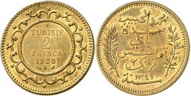 Mohamed el-Habib, Bey (1922-1929). Épreuve de 2 francs en laiton, frappe médaille 1928 - AH 1347, A, Paris.
NGC MS 64 (5788036-012).
Av. Dans une bo...