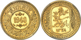 Mohamed Lamine, Bey (1943-1957). Module de 100 francs, aspect Flan bruni (PROOFLIKE) 1948 - AH 1368, Paris.
PCGS MS64PL (37615987).
Av. TUNISIE. Dan...