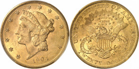République fédérale des États-Unis d’Amérique (1776-à nos jours). 20 dollars Liberty 1904, Philadelphie.
PCGS MS65+ (83734037).
Av. Dans une bordure...
