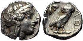 Attica, Athens AR Tetradrachm Silver, 16.81, 24mm) ca 454-404 BC. 
Obv: Head of Athena right, in crested Attic helmet ornamented with three olive leav...