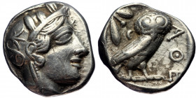 Attica, Athens AR Tetradrachm Silver, 16.85, 24mm) ca 454-404 BC. 
Obv: Head of Athena right, in crested Attic helmet ornamented with three olive leav...
