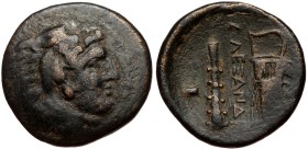 Kingdom of Macedon, uncertain mint in Macedon, AE (Bronze, 18mm, 5.06g), Alexander III the Great (336-323 BC).
Obv: Head of Herakles right, wearing l...