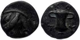 Kings of Thrace. Kotys AE (Bronze, 1.07g, 10mm) (Circa 383-359). Ae.
Obv: Female head right.
Rev: K - O / T - Y, Two-handled cup.
Ref:Topalov 103.