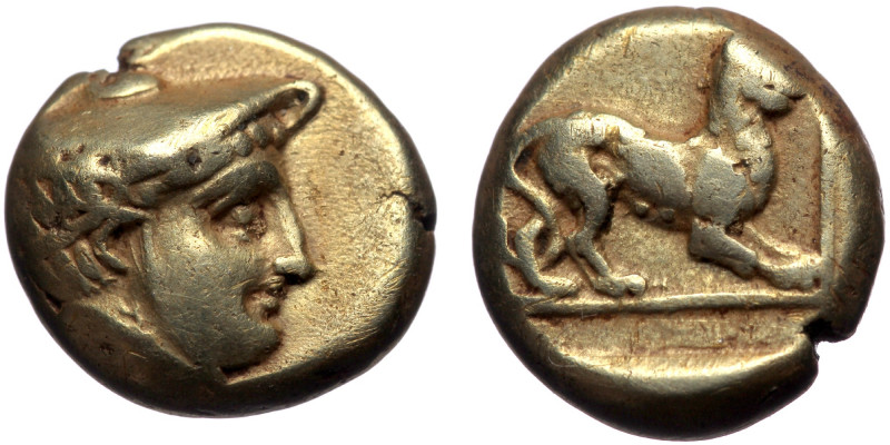 Lesbos, Mytilene EL Hekte (Gold, 2.46g, 10mm) ca 377-326 BC. 
Obv: Head of Herme...