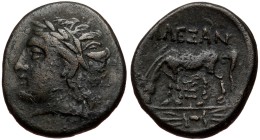 Troas, Alexandreia, AE (Bronze, 20mm, 5.99g), 3rd - 2nd century BC
Obv: Laureate head of Apollo l.
Rev: ΑΛΕΞΑΝ pasturing horse to left, below monogr...