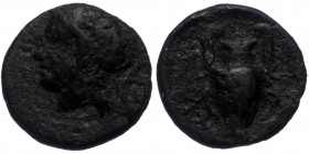 Aeolis, Myrina, AE (Bronze, 0.96g, 10mm), ca. 4th centure BC.
Obv: Head of Athena in Attic helmet left. 
Rev: M - Y, amphora. 
Ref: SNG Copenhagen 214...