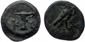 Aeolis, Kyme, AE chalkous (Bronze, 0,98 g, 11,3 mm), ca. 300-250 BC.
Obv: Eagle standing right. 
Rev. K-Y, one-handled cup or jar, without name of mag...