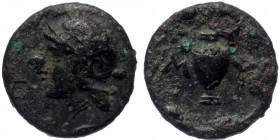 Aeolis, Myrina, AE (Bronze, 1,13 g, 11,6 mm), ca. 4th centure BC.
Obv: Head of Athena in Attic helmet left. 
Rev: M - Y, amphora. 
Ref: SNG Copenhagen...