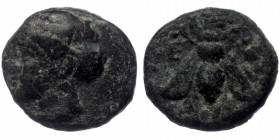 Ionia, Ephesos, chalkous (Bronze, 11,1 mm, 1,36 g), ca. 375-325 BC.
Obv: Female head to left, wearing stephane. 
Rev. E-Φ, bee. 
Ref: SNG Copenhagen 2...
