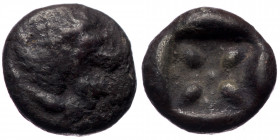 Ionia, Miletus, AR obol (Silver, 10,0 mm, 0,97 g), late 6th century BC. 
Obv: Forepart of roaring lion right, head reverted.. 
Rev: Star-shaped orname...