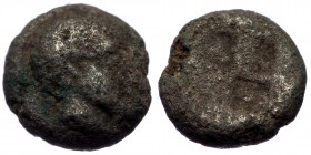 Ionia, Phokaia, AR obol (Silver, 8,3 mm, 0,73 g), ca. 521-478 BC.
Obv: Archaic head of Athena right.
Rev: Quadripartite incuse square.
Ref: Unpublishe...