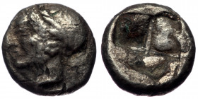 Ionia, Phokaia, AR obol (Silver, 9,3 mm, 0,82 g), ca. 521-478 BC.
Obv: Female head left, wearing helmet or close fitting cap.
Rev: Quadripartite incus...