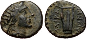 Caria. Halicarnassus AE (Bronze, 4.02g, 18mm) ca 150-50 BC Dionys-, magistrate. Obv: Radiate head of Helios right
Rev: AΛIKAP-ΔΙΟΝΥΣ, lyre; large dot...