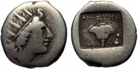 Caria, Rhodos, ca 188-84 BC. AR Hemidrachm (Silver, 15mm, 1.97g).uncertain magistrate 
Obv: Radiate head of Helios right 
Rev: Rose, P-O across fields...
