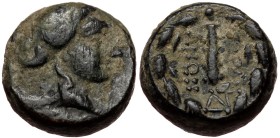 Lydia, Sardes, AE (bronze, 4,65 g, 13 mm) 133-1 BC
Obv: Laureate head of Apollo right
Rev: ΣAΡΔIANΩN, club, ΔΓ monogram, all within oak wreath
Ref:...