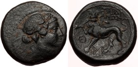 Lydia, Sardes, AE (Bronze, 16mm, 4.31g), ca. 133 BC-AD 14.
Obv: Head of Dionysos to right, wearing wreath of ivy and fruit.
Rev: ΣAPΔIANΩN, panther ...
