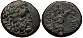 Mysia, Pergamon, AE (bronze, 4,02 g, 15 mm) after 133 BC
Obv: Laureate head of Asklepios right
Rev: AΣKΛHΠIOY ΣΩTHΡOΣ, serpent-entwined staff of Ask...