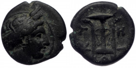Mysia, Kyzikos. AE (Bronze, 1.32g, 11mm) 3rd century BC
Obv: Head of Kore Soteira right.
Rev: KY - ZI, Tripod.
Ref: Nomisma X 1; SNG BN 431.