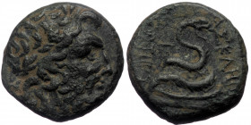Mysia, Pergamon, AE (Bronze, 19mm, 9.06g), 1st half 2 century BC. 
Obv: Laureate head of Asklepios right. 
Rev: ΑΣΚΛΗΠ[ΙΟΥ] - [Σ]ΩΤΗΡ[oΣ] Serpent coil...