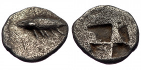 Mysia, Cyzicus, AR obol (Silver, 8,6 mm, 0,45 g), ca. 520-480 BC.
Obv: Tunny left. 
Rev: Four-part incuse square. 
Ref: SNG von Aulock 7328.